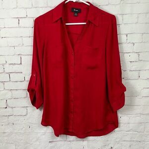 B Wear Shirt Womens Medium M Button Up Top Roll Tab Sleeve Pocket Polyester Red
